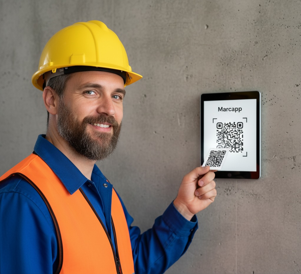 Trabajador fichando con su tarjeta QR en una tablet montada en el ingreso de una obra